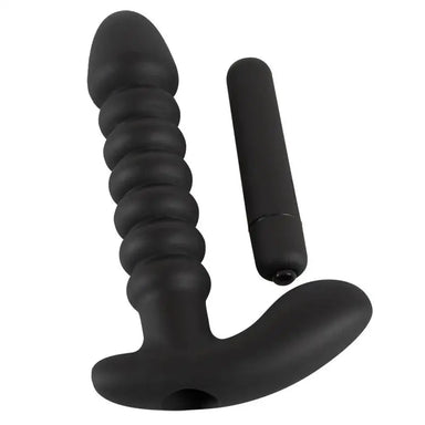 6 - inch Black Vibrating Butt Plug With Ribbed Shaft - Peaches and Screams