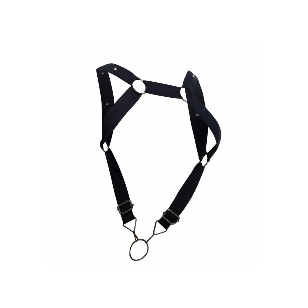 Black bondage elastic straight back harness with steel ring - peaches and screams