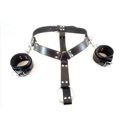 Black Latex Adjustable Collar Harness With Wrist Restraints - Small - Peaches and Screams