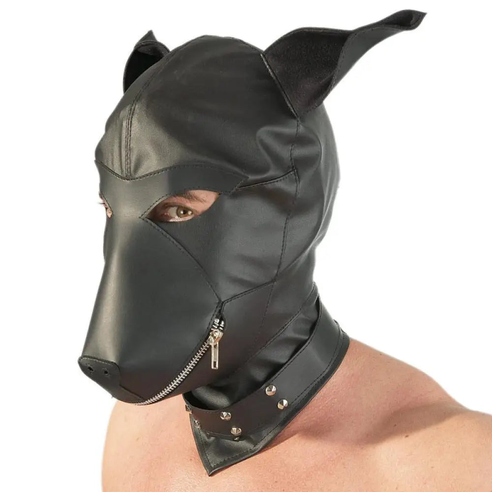 Black leather dog shaped hood with studs and ring - peaches and screams