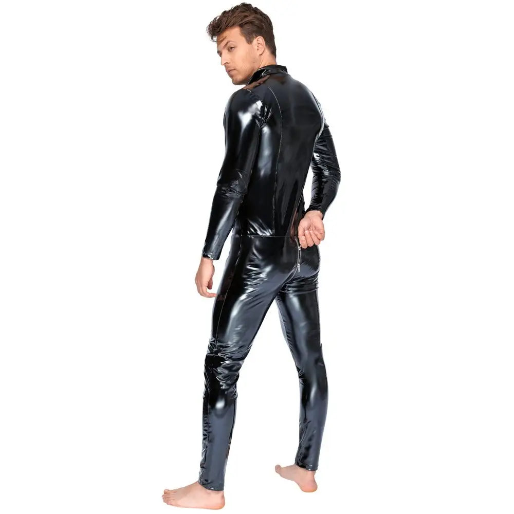Black level wet look stretchy vinyl jumpsuit with zip - x large - peaches and screams