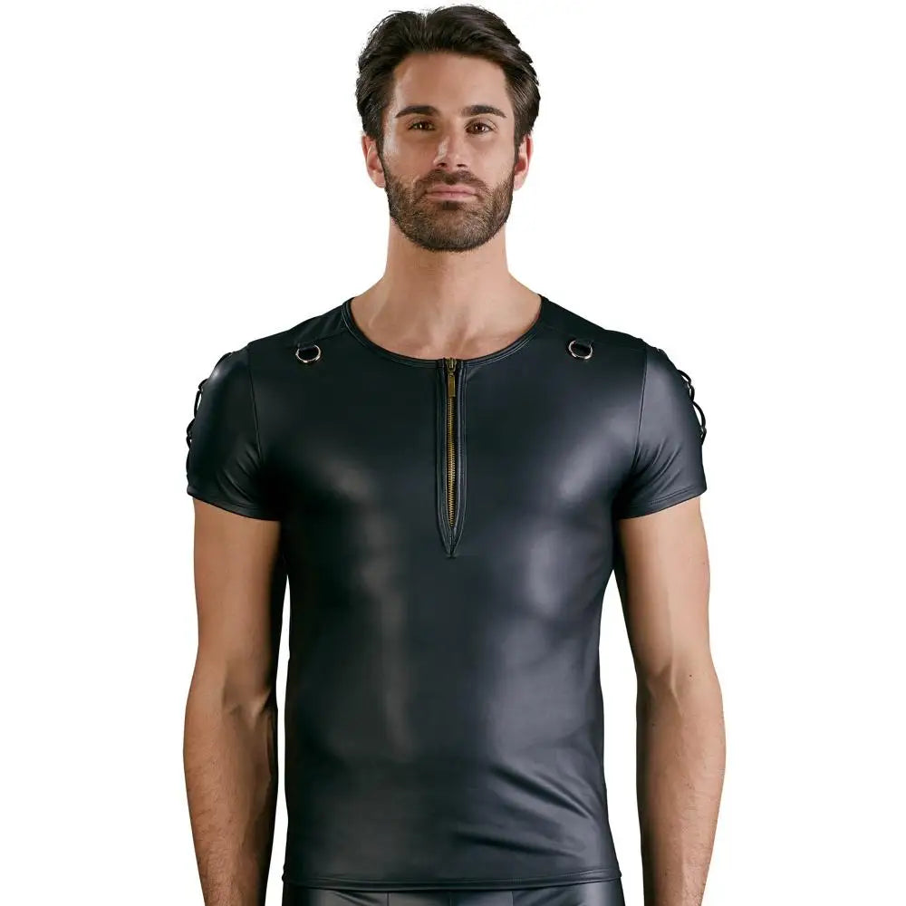 Black stretchy straight cut d-ring fetish shirt for him - x large - peaches and screams