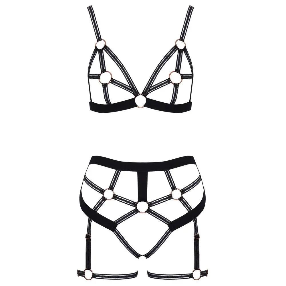 Bondage strappy bra set with matching thong - x large - peaches and screams