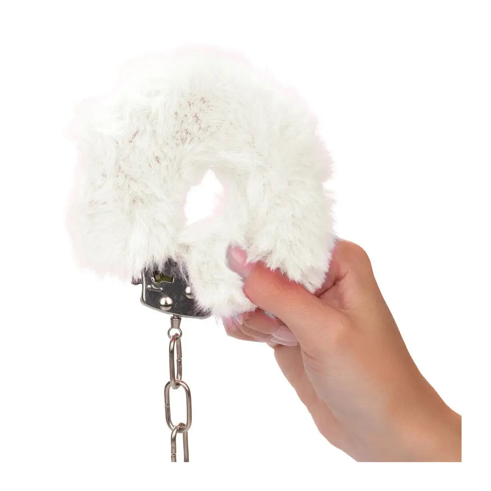 California exotic white ultra fluffy metal furry cuffs - peaches and screams