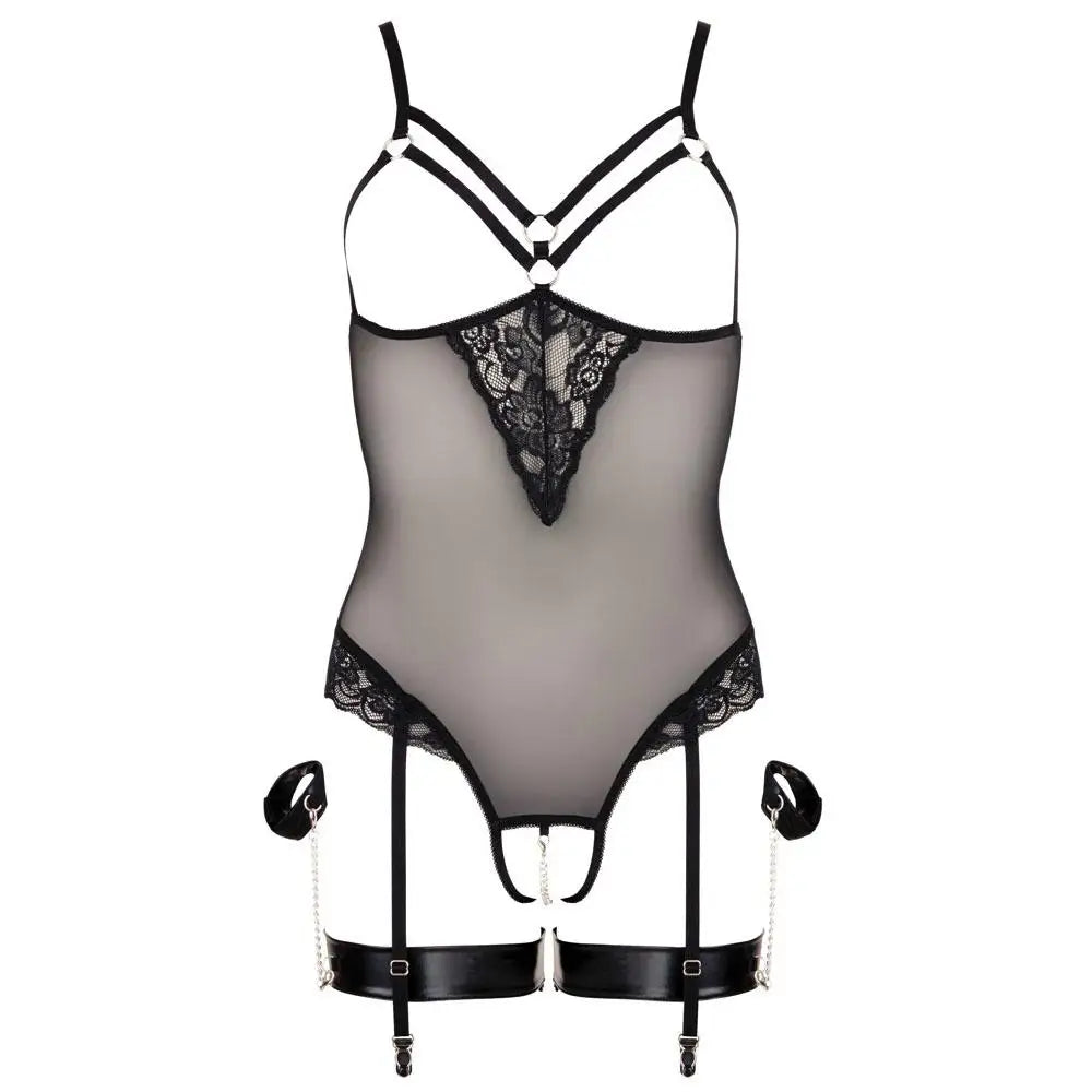 Cottelli black bondage bodysuit with wrist cuffs - large - peaches and screams