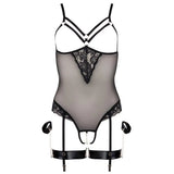 Cottelli black bondage bodysuit with wrist cuffs - large - peaches and screams