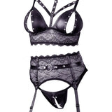 Cottelli black bondage lace set with suspender straps - large - peaches and screams