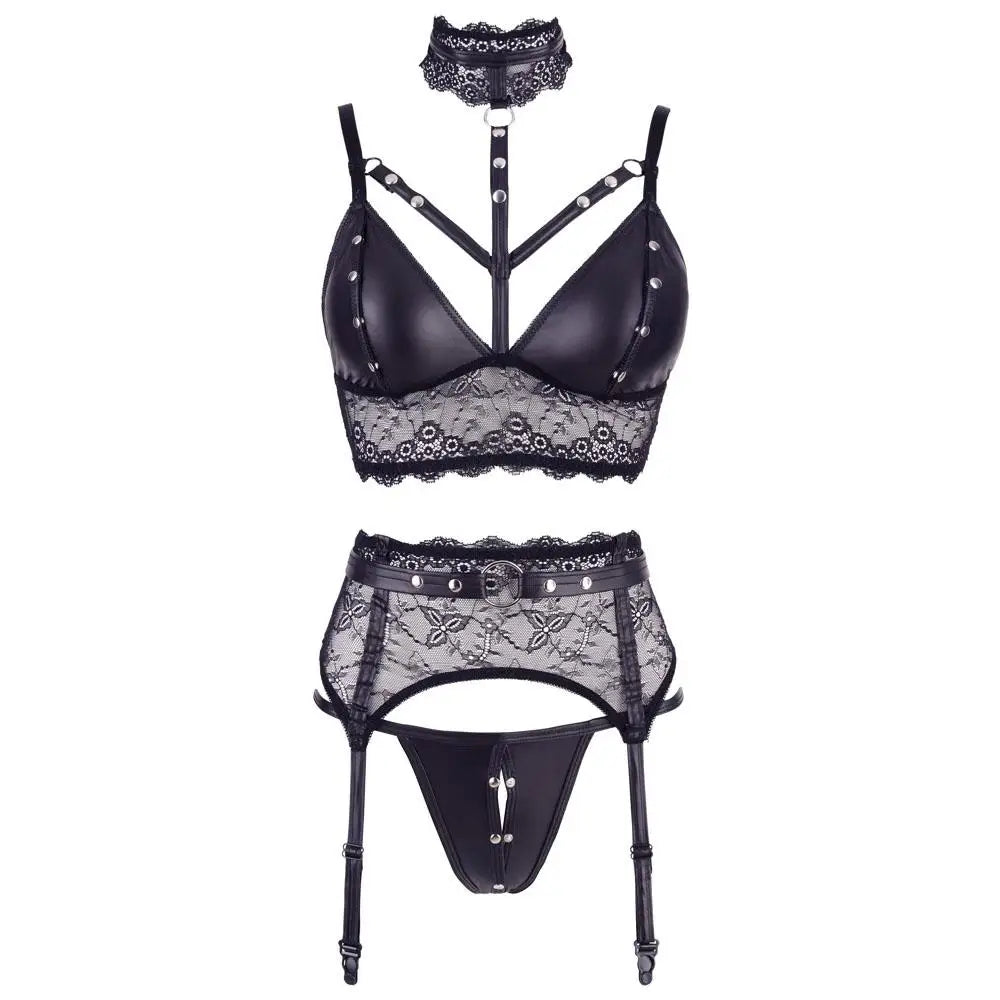 Cottelli black bondage lace set with suspender straps - x large - peaches and screams