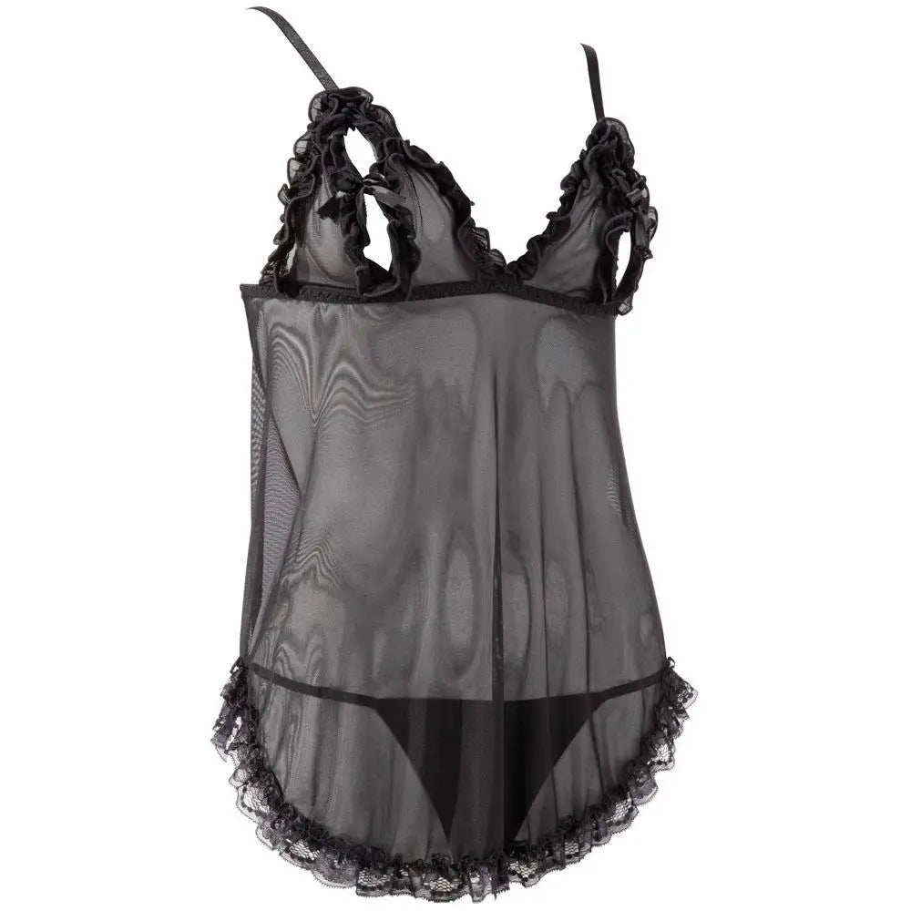 Cottelli black stretchy open babydoll and string set - large - peaches and screams