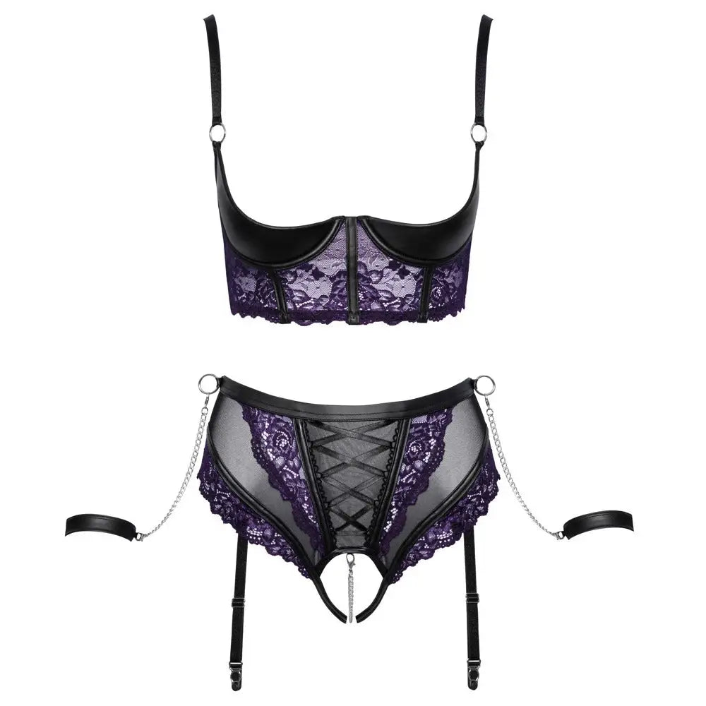 Cottelli quarter cup bra suspender briefs and handcuffs set - 75b/s - peaches and screams