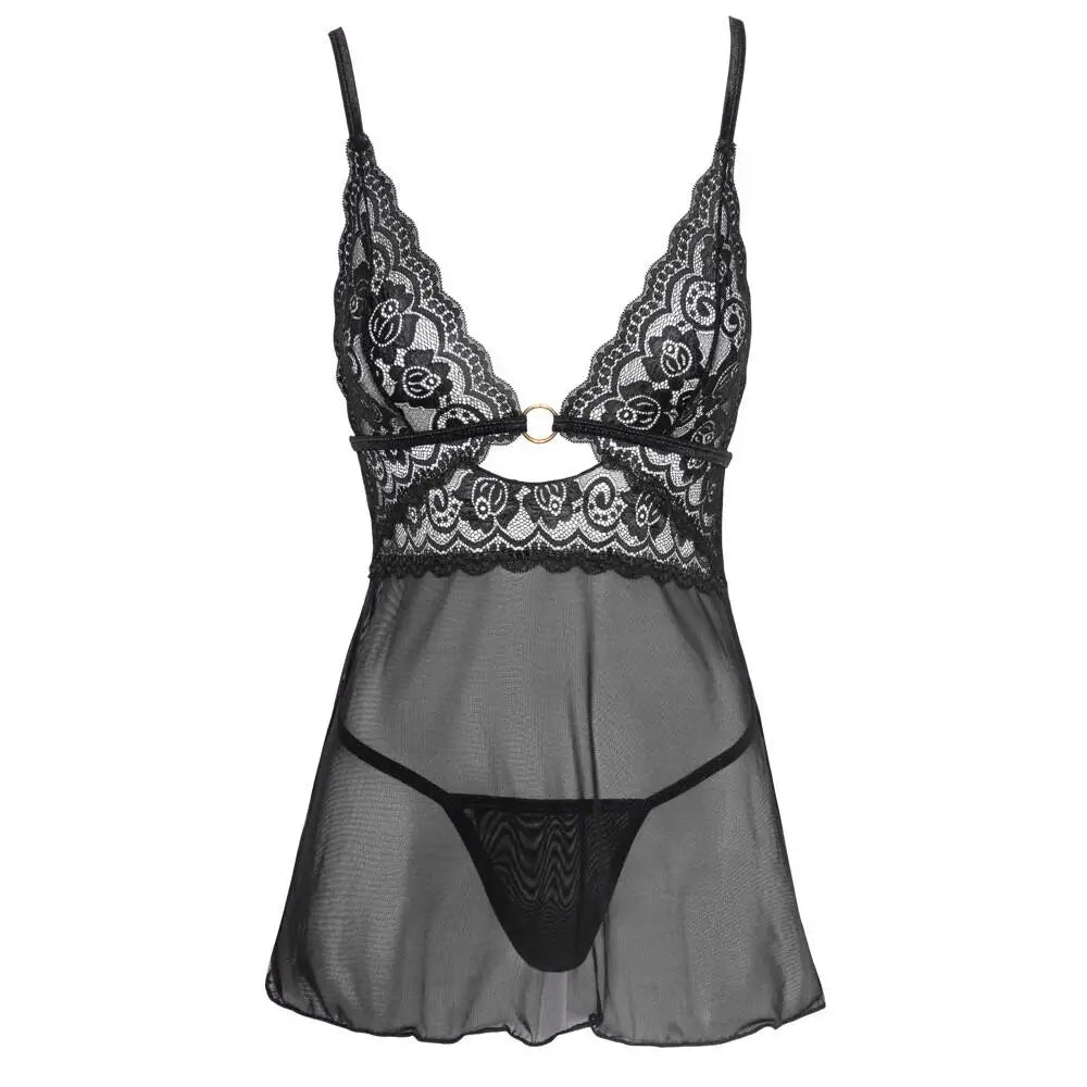 Cottelli sexy stretchy black backless babydoll and thong - small - peaches and screams