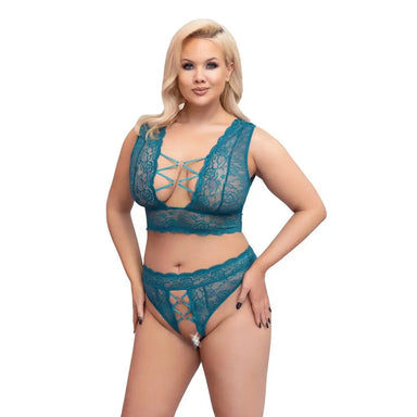 Cottelli Sexy Wet Look Crotchless Blue Plus Size Bra Set - X Large - Peaches and Screams