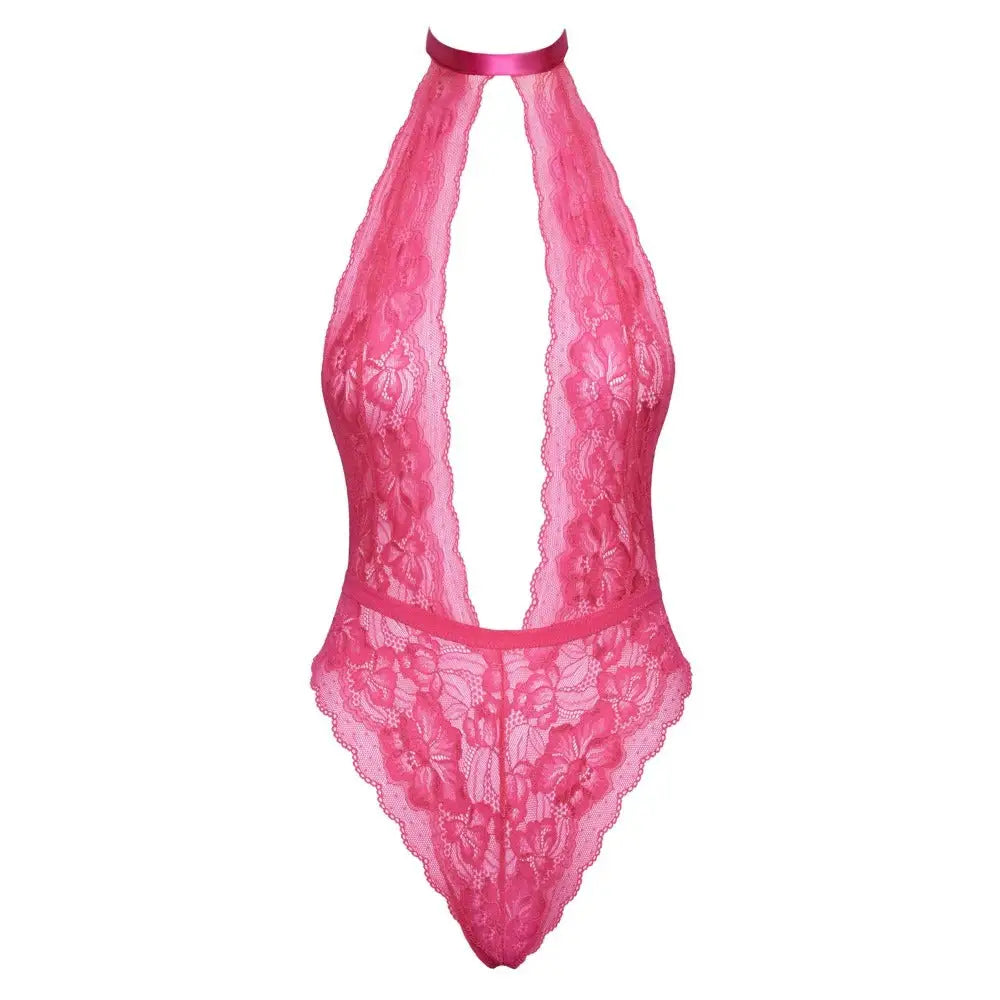 Kissable halterneck lace body pink lingerie - l/xl - peaches and screams