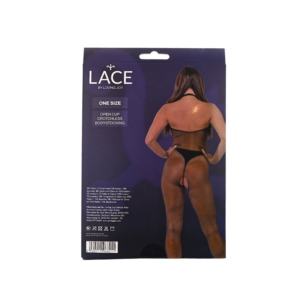 Lace by lj fishnet open cup crotchless bodystocking - peaches and screams