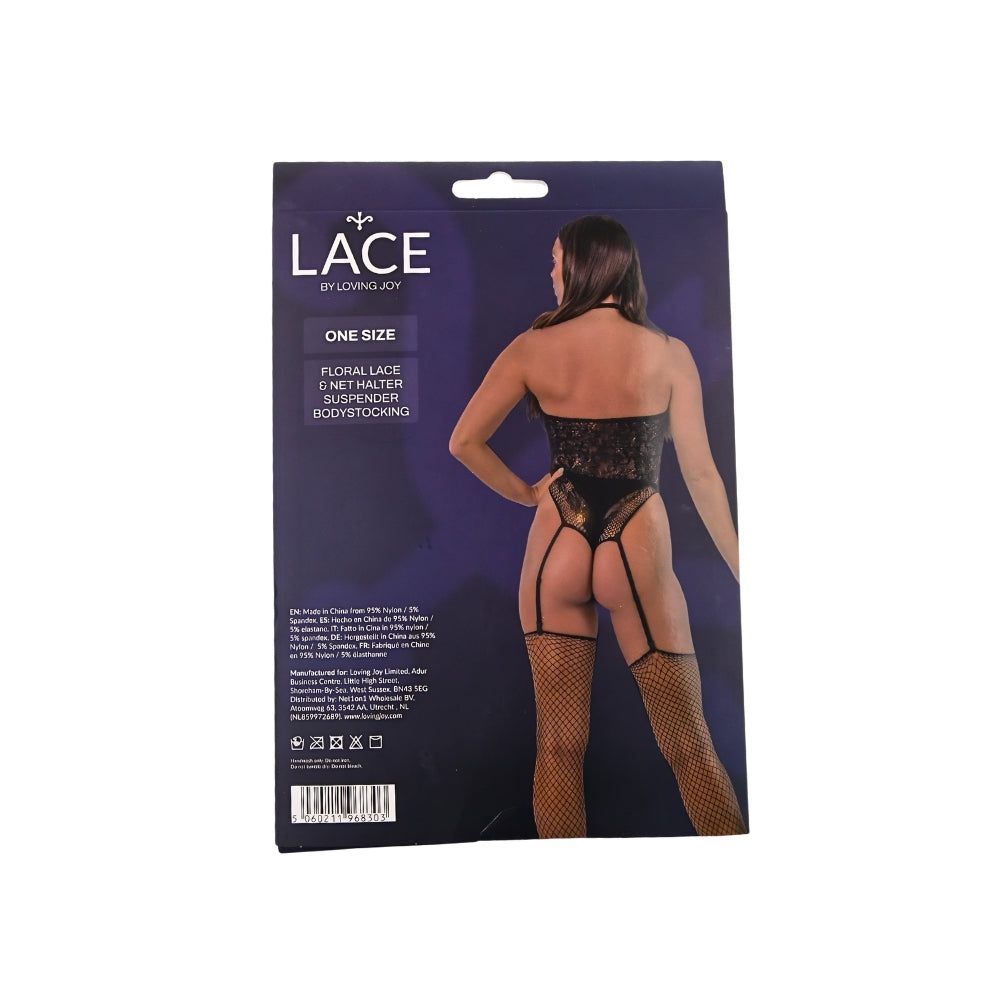 Lace by lj floral lace halter suspender bodystocking black - peaches and screams