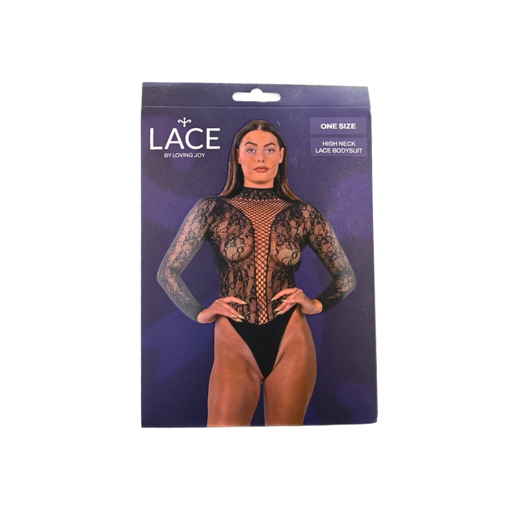Lace by lj high neck lace bodysuit black - peaches and screams