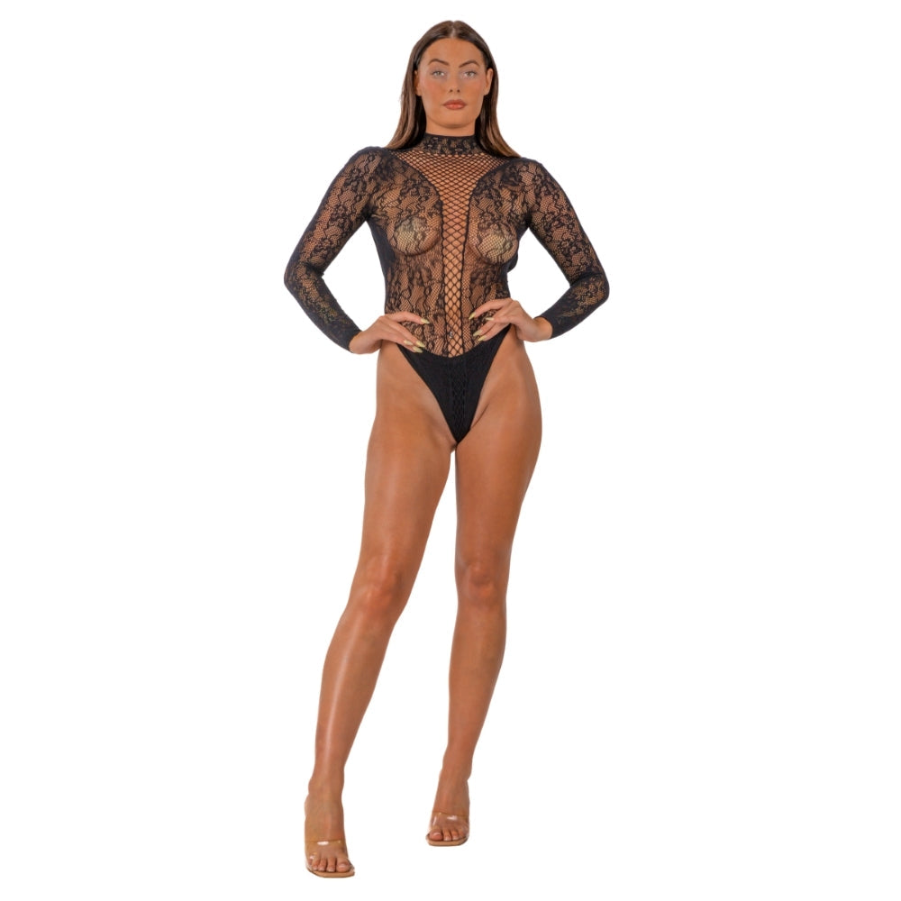 Lace by lj high neck lace bodysuit black - peaches and screams