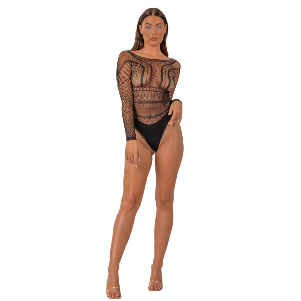 Lace by lj seamless lace long sleeved bodysuit black - peaches and screams