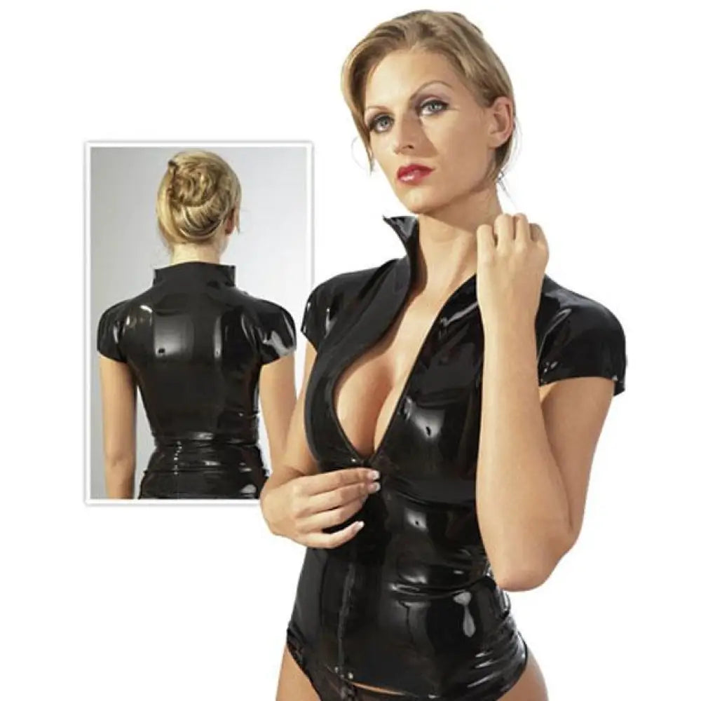 Latex black fetish zip shirt with short sleeves for her - x large - peaches and screams