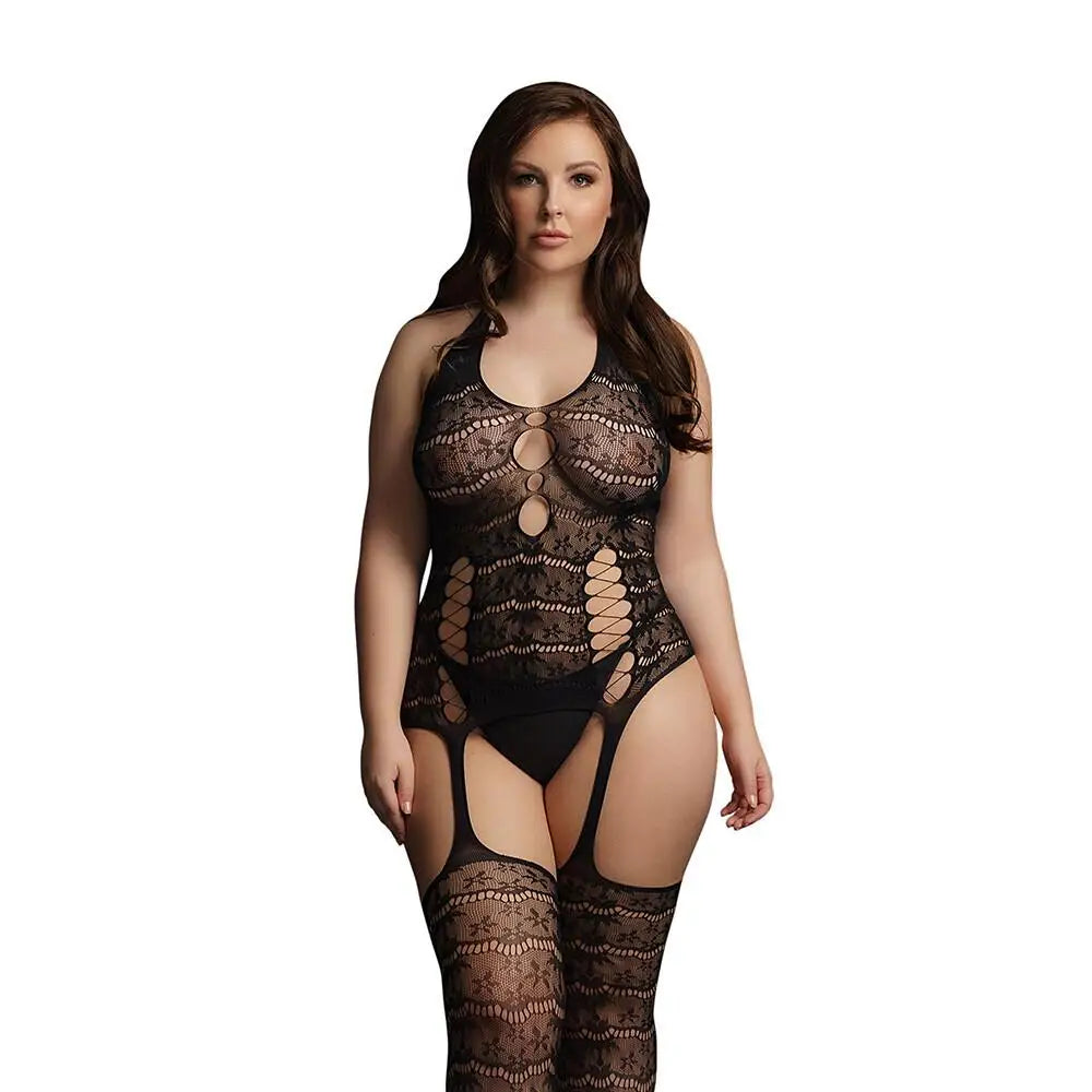Le desir black lace plus size suspender bodystocking uk 14 20 - peaches and screams