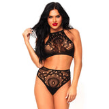 Leg avenue black lace halter crop top and high waist g string - m/l - peaches and screams