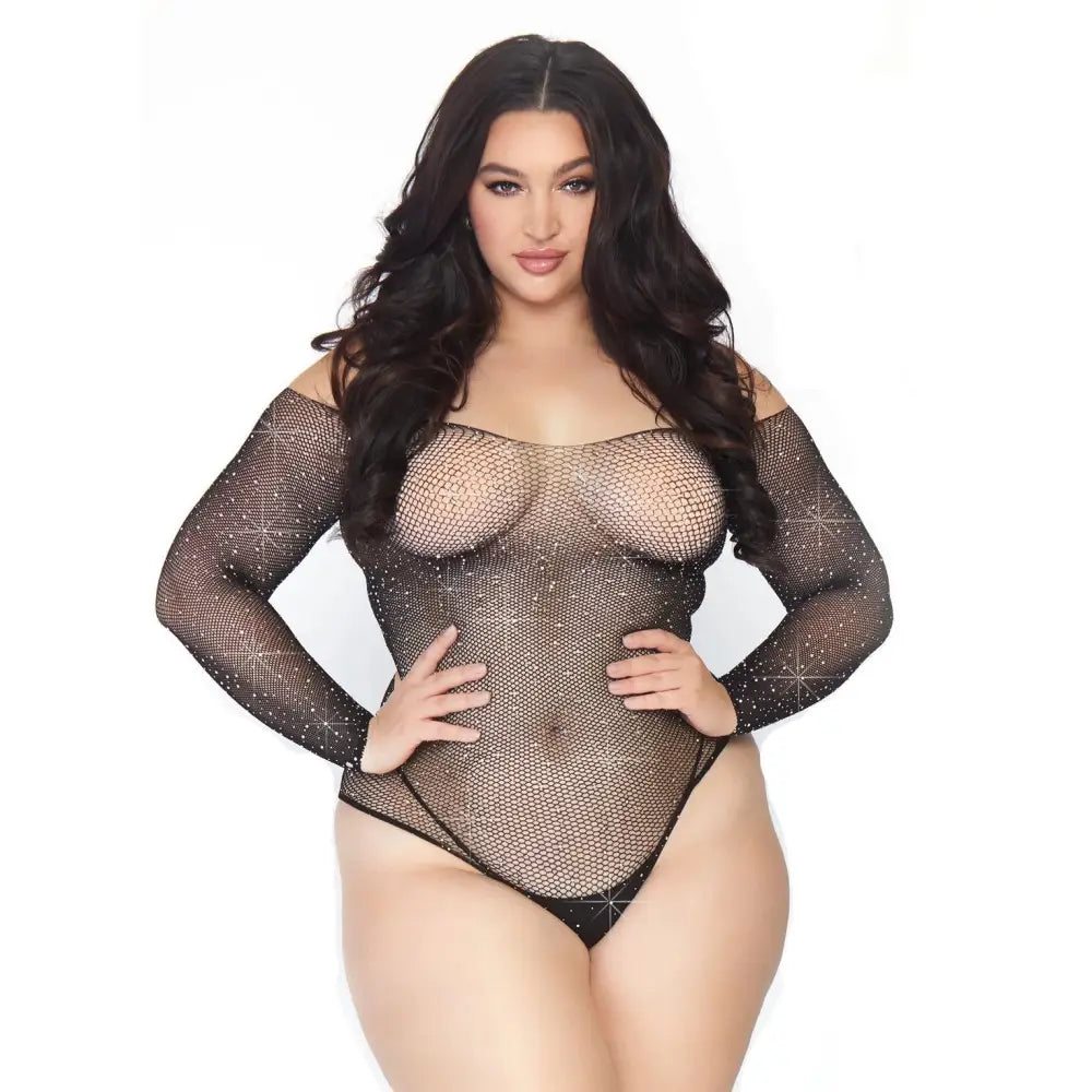 Leg avenue black plus size long sleeve fishnet bodysuit 18-22 - peaches and screams