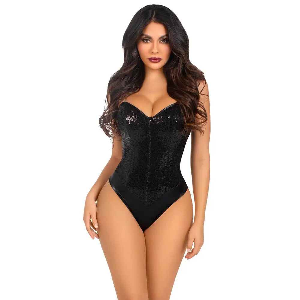 Leg avenue sequin bodysuit in black backless sparkle style - peaches and screams