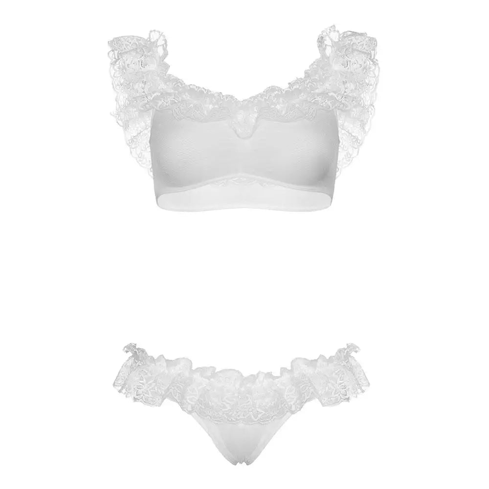 Leg avenue sexy white lace ruffle crop top and panty set - peaches and screams