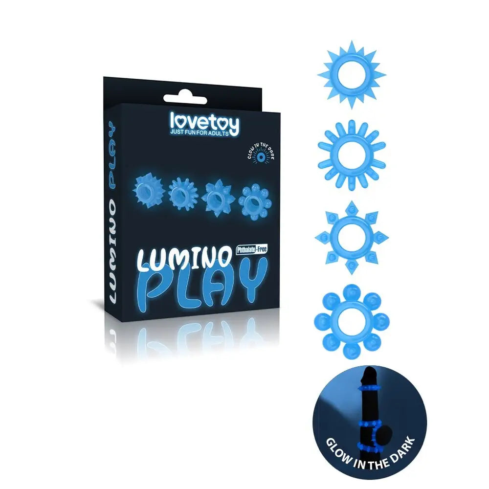 Lovetoy glow in the dark rubber textured cock ring set 3 pack - peaches and screams