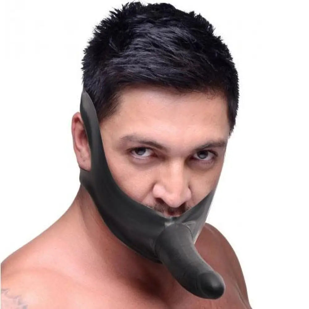 Master series latex face strap on black dildo mouth gag - peaches and screams