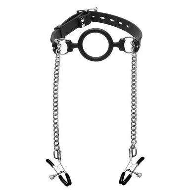 Master Series Silicone Black o Ring Gag Plus Nipple Clamps - Peaches and Screams