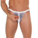 Mens white mesh zip up pouch g string underwear - peaches and screams
