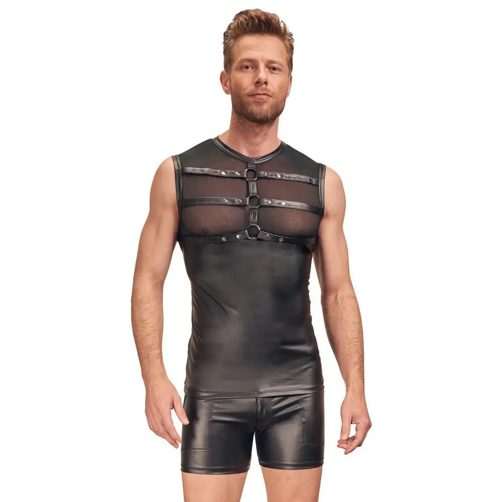 Nek stretchy black matte shirt with chest harness - x large - peaches and screams