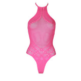 Neon pink halter tie neck uv bodysuit one size - peaches and screams