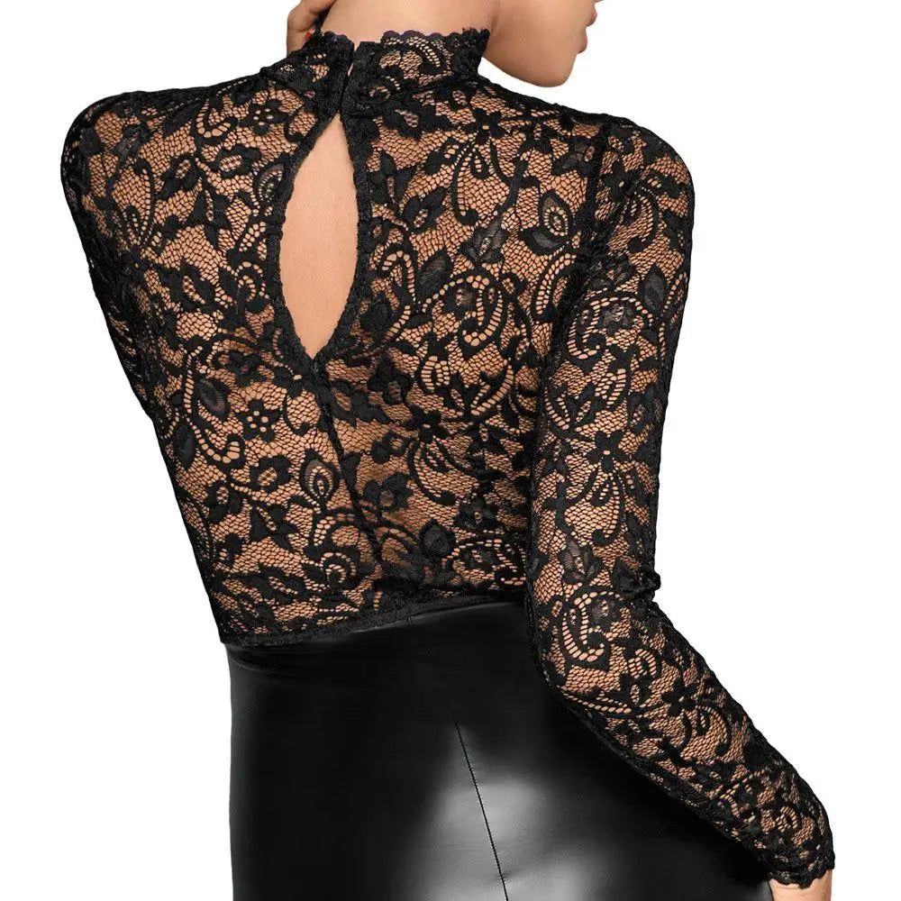 Noir black lace and wet look long sleeved knee length dress - small - peaches and screams