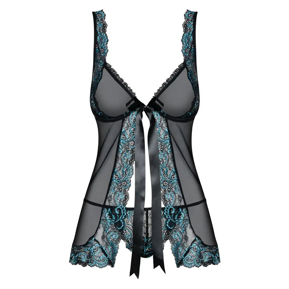 Obsessive stretchy black open front babydoll and string set - peaches and screams