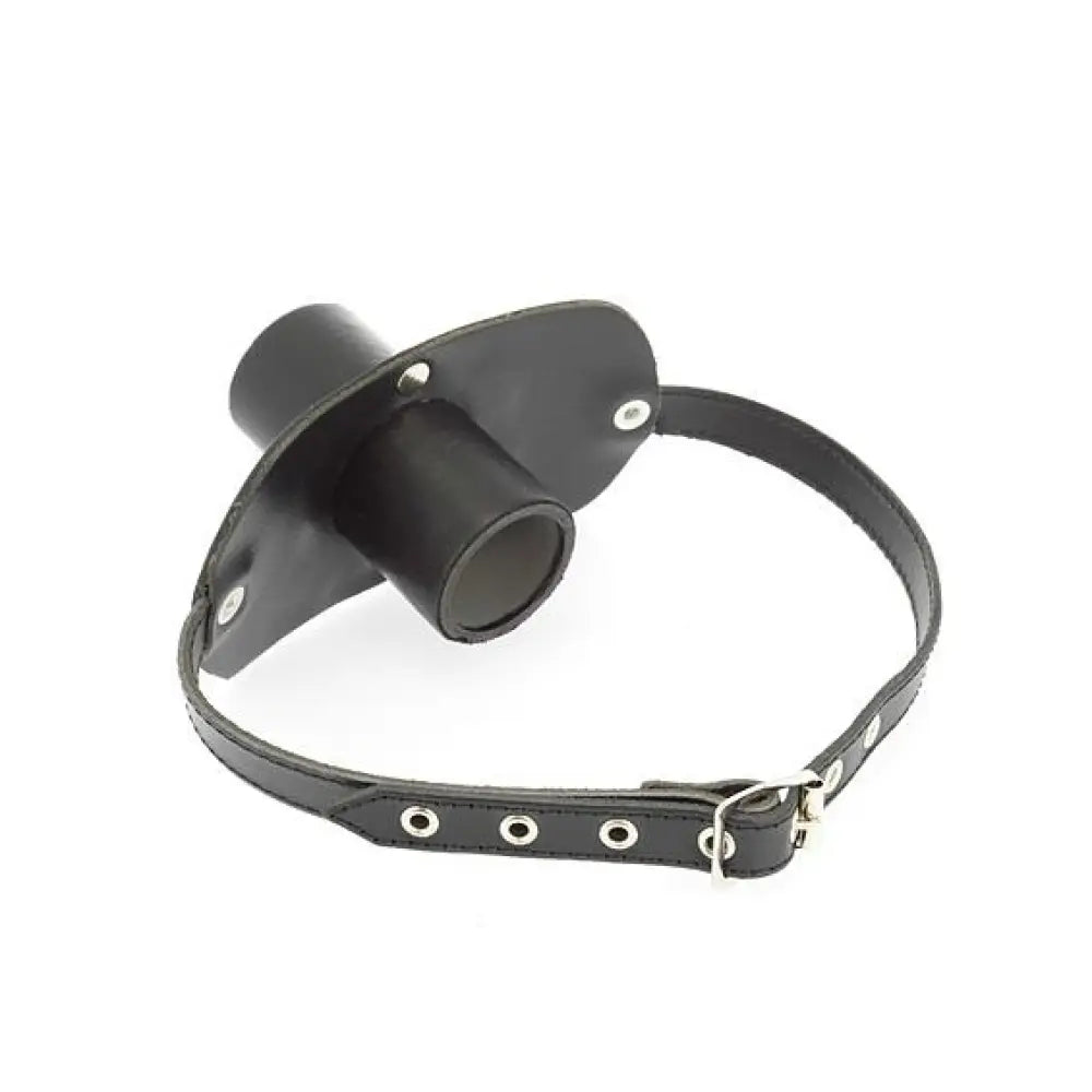 Rimba black leather gag with urine tube and buckles - peaches and screams