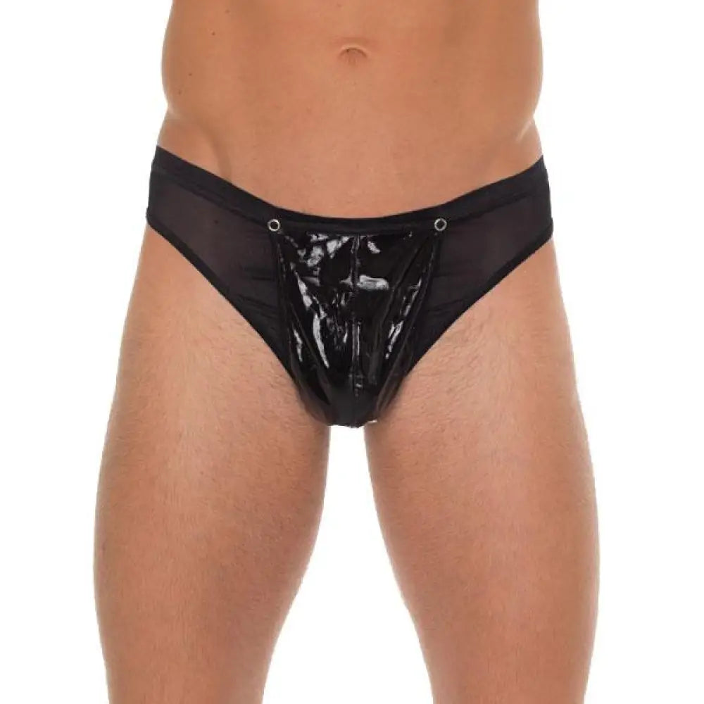 Rimba mens wet look black g-string with pvc pouch - peaches and screams