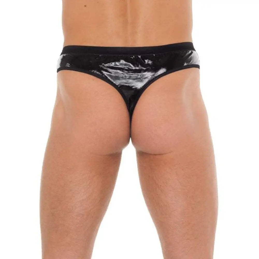 Rimba mens wet look black g-string with pvc pouch - peaches and screams