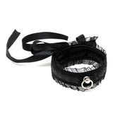 Rimba satin look black collar with silver o-ring and lace - peaches and screams