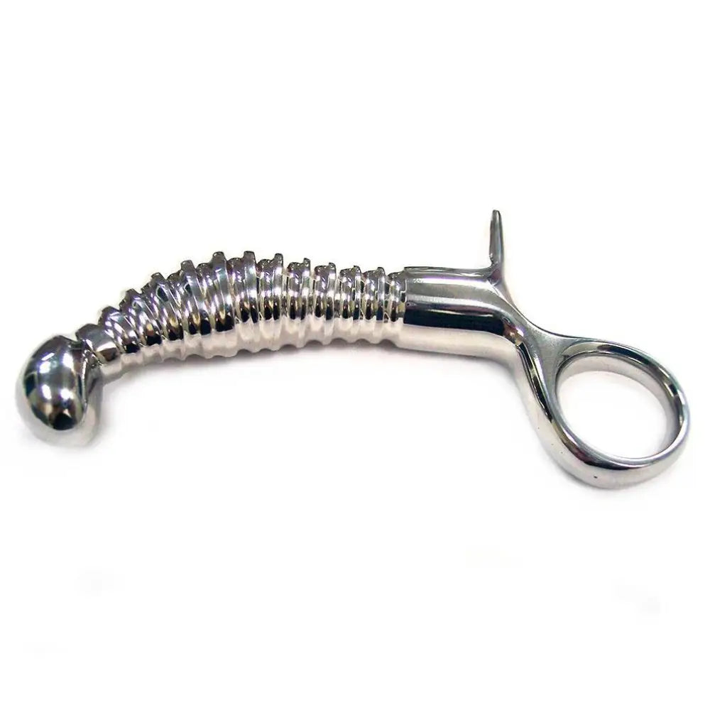 Rouge 4.5 inch stainless steel ribbed anal probe with finger loop - peaches and screams