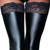 Sexy wet look stretchy black footless lace top stockings - small - peaches and screams