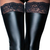 Sexy wet look stretchy black footless lace top stockings - small - peaches and screams