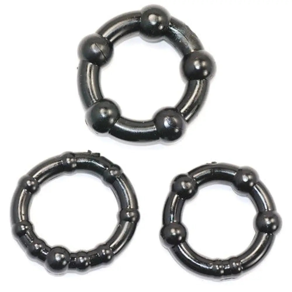 Stretchy black beaded set of 3 cock rings for men - peaches and screams