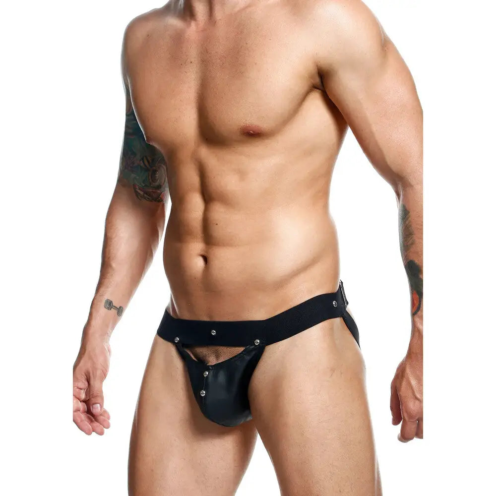 Studded black leather male peekaboo jockstrap one size - peaches and screams