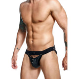 Studded black leather male peekaboo jockstrap one size - peaches and screams