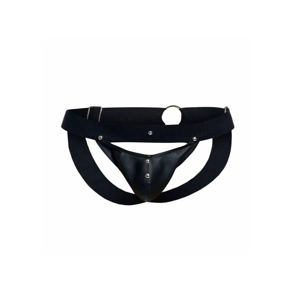 Studded black leather male peekaboo jockstrap one size - peaches and screams
