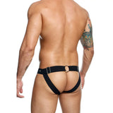 Studded black leather male peekaboo jockstrap one size - peaches and screams