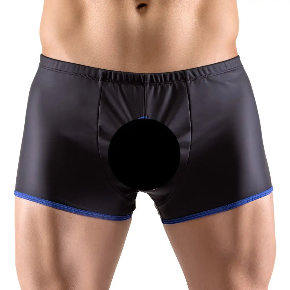 Svenjoyment wet look black open pants for men - large - peaches and screams