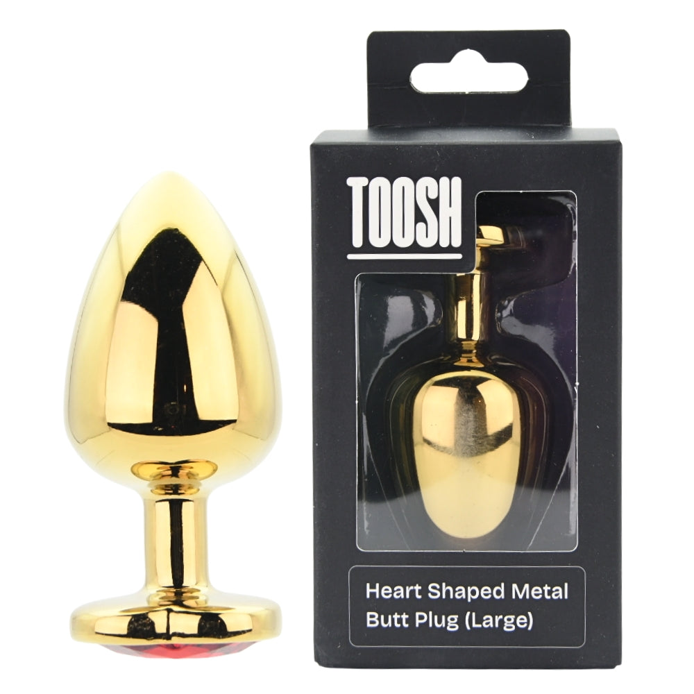 Toosh heart shaped gold butt plug with red stone large - butt plugs peaches and screams